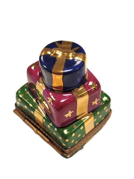 Christmas Presents Teddy Bear inside Stacked Gift Gold Bow Porcelain Limoges Trinket Box