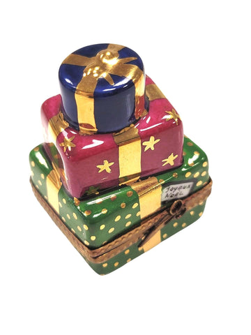 Christmas Presents Teddy Bear inside Stacked Gift Gold Bow Porcelain Limoges Trinket Box