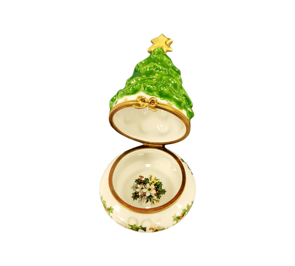 Christmas Tree w Magnolias Porcelain Limoges Trinket Box