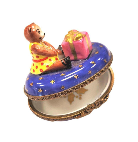 Cute Little Teddy Bear Girl Christmas w Present Gift Porcelain Limoges Trinket Box