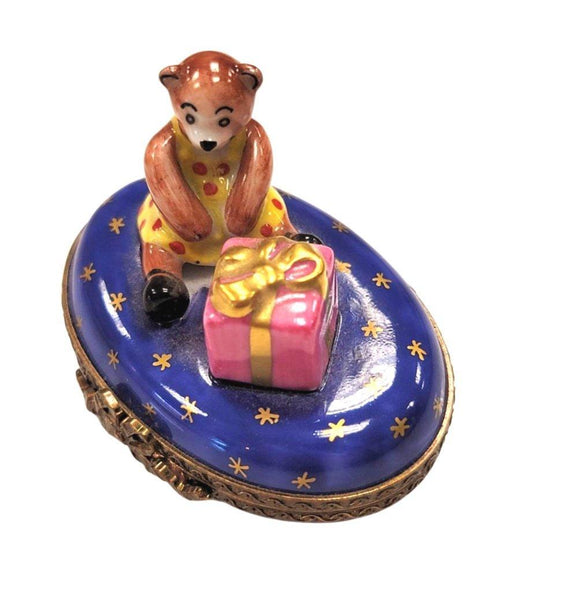 Cute Little Teddy Bear Girl Christmas w Present Gift Porcelain Limoges Trinket Box