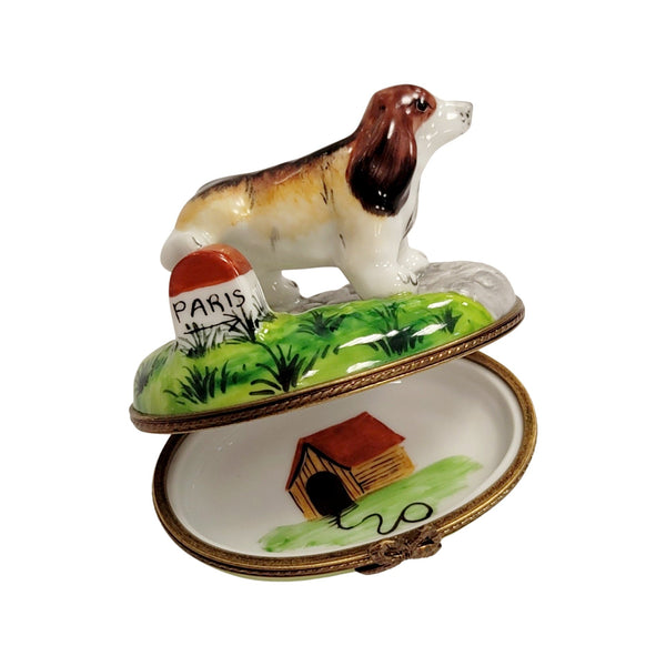 Dog Peeing on Paris Mile Marker Porcelain Limoges Trinket Box