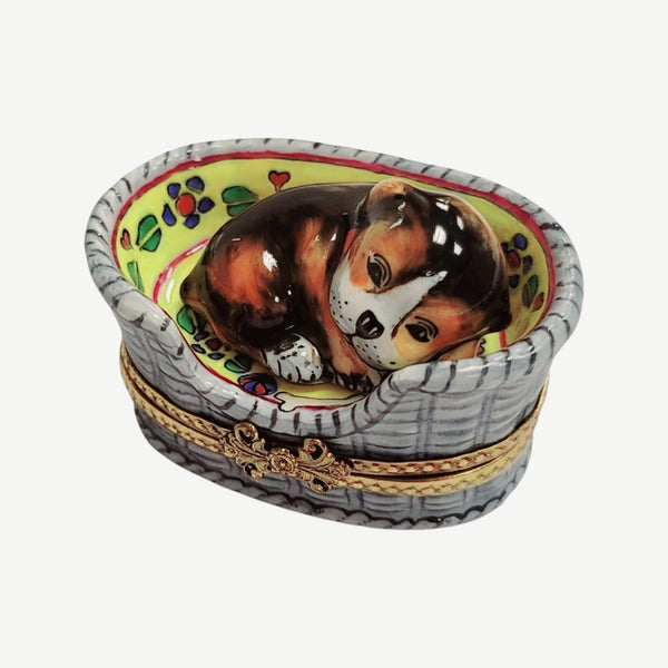 Dog in Basket Porcelain Limoges Trinket Box