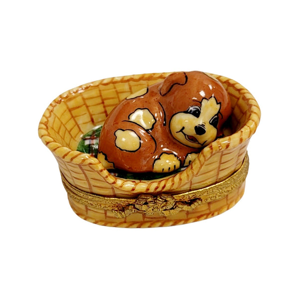 Dog in Brown Basket Porcelain Limoges Trinket Box