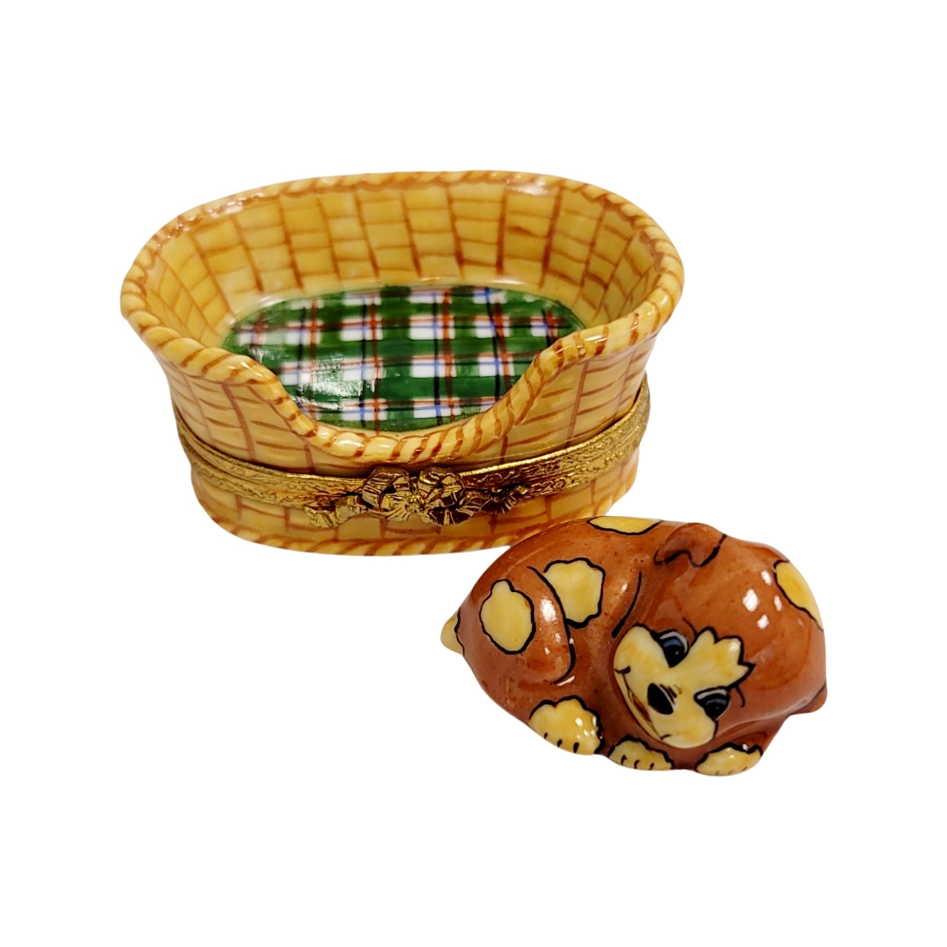 Dog in Brown Basket Porcelain Limoges Trinket Box