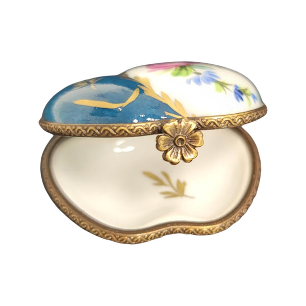 Double Teal Heart Porcelain Limoges Trinket Box