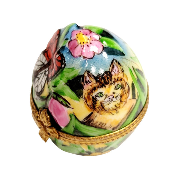 Egg Butterfly Cat in Grass Porcelain Limoges Trinket Box