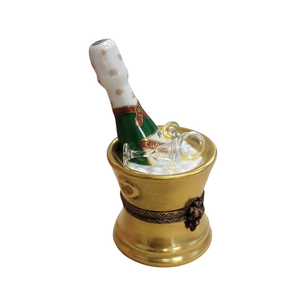 Gold Chapagne Bucket w Glasses Porcelain Limoges Trinket Box