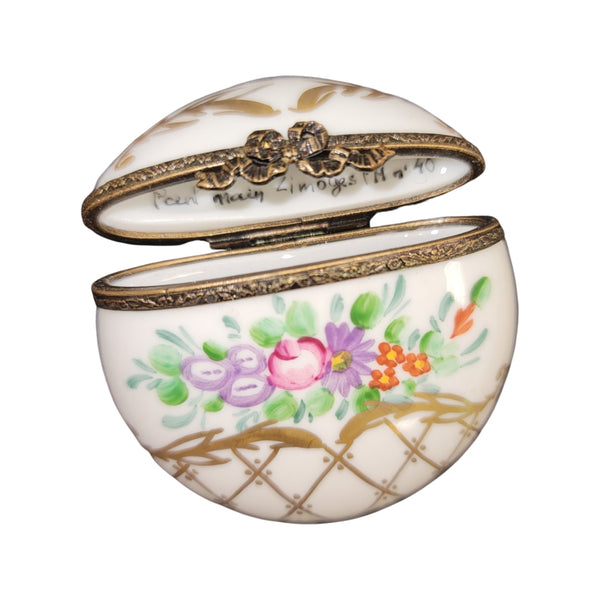 Gold w Flowers Flat Round Pill Porcelain Limoges Trinket Box