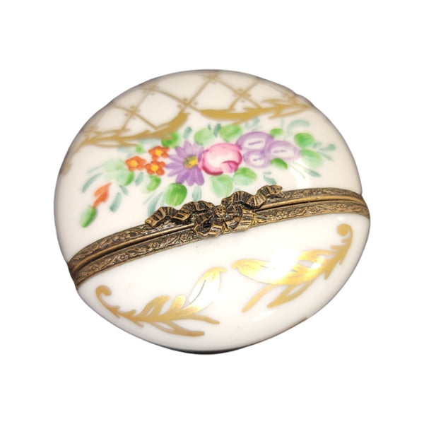 Gold w Flowers Flat Round Pill Porcelain Limoges Trinket Box