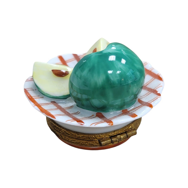 Green Apple on Plate Porcelain Limoges Trinket Box