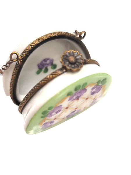 Green Purse w Purple Roses w Special Antiqued Brass One of a Kind Hand Painted Porcelain Limoges Trinket Box