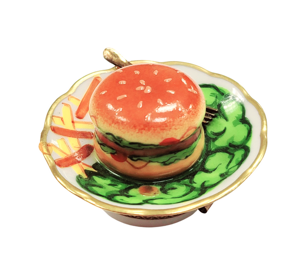 Hamburger Fries on Plate Porcelain Limoges Trinket Box