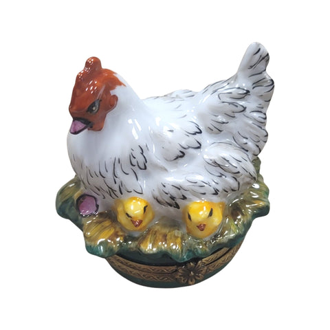 Hen w Chicks at Farm Chicken Porcelain Limoges Trinket Box