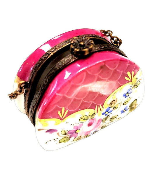 Hot Pink Purse w Flowers with Special Antiqued Brass One of a Kind Hand Painted Porcelain Limoges Trinket Box