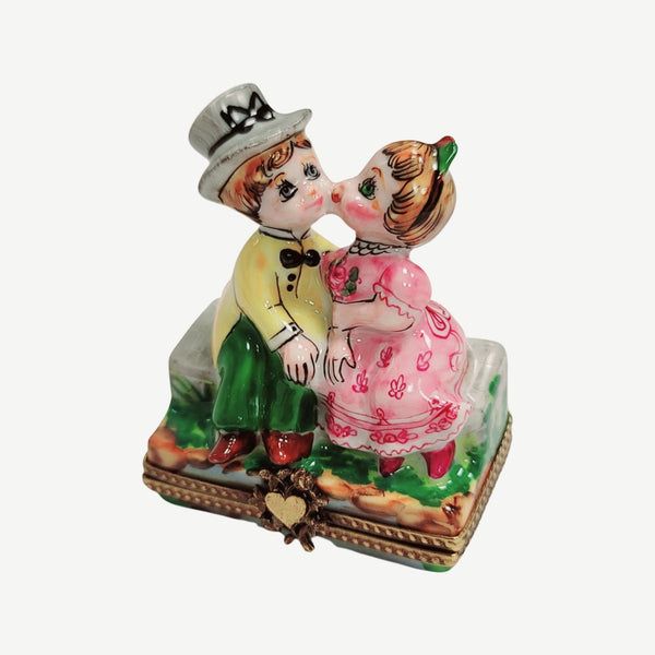 Kids Kissing Couple Porcelain Limoges Trinket Box