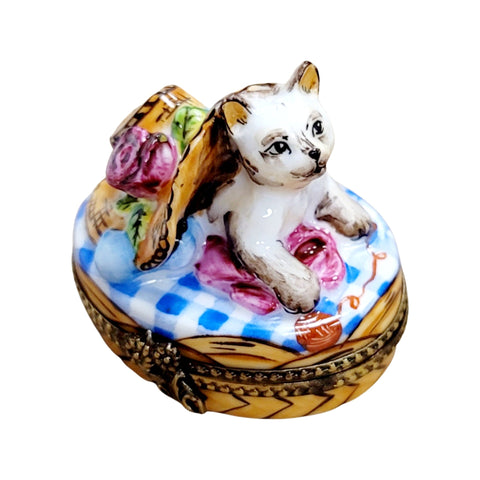 Kitty Cat under Bonnet Hat Porcelain Limoges Trinket Box