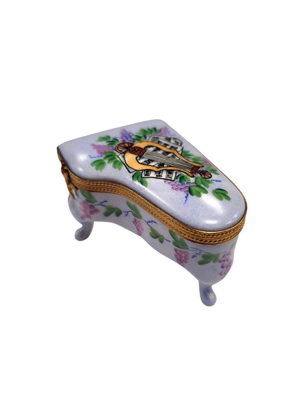 Light Blue Grand Piano with Flowers and Lute Porcelain Limoges Trinket Box