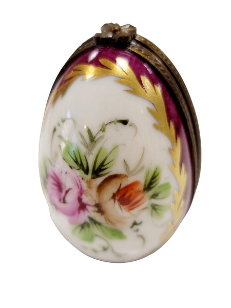 Maroon Flowered Oval w Perfume Bottle inside Oval Porcelain Limoges Trinket Box