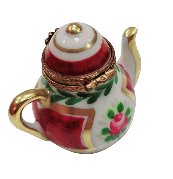 Maroon Teapot w Flowers Porcelain Limoges Trinket Box