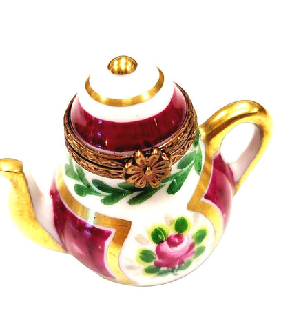Maroon Teapot w Flowers Porcelain Limoges Trinket Box