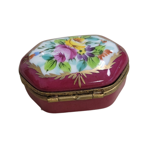 Maroon w Flowers Hexa Oval Porcelain Limoges Trinket Box