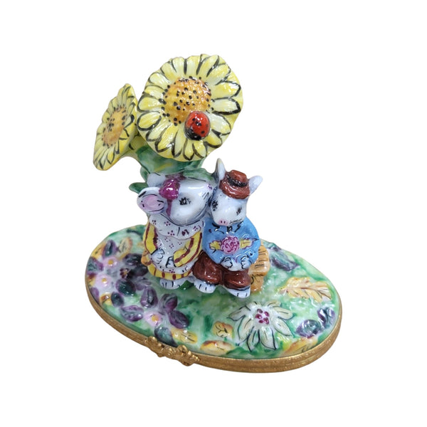 Mice Kissing under Sun Flowers Porcelain Limoges Trinket Box