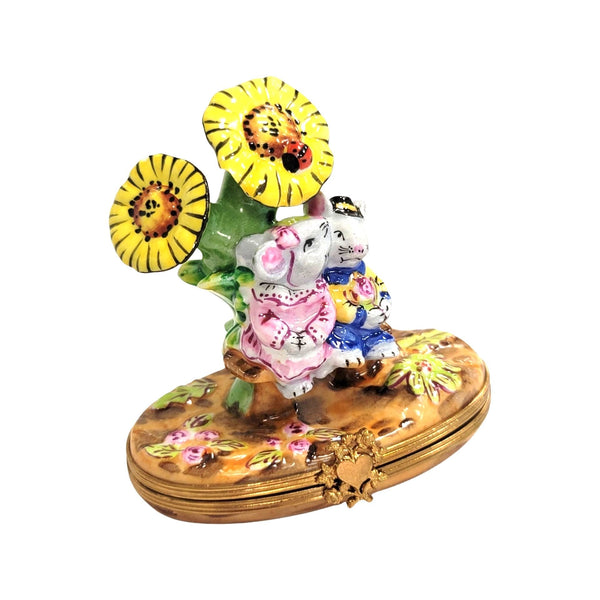 Mice under Sun Flowers Porcelain Limoges Trinket Box