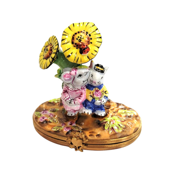 Mice under Sun Flowers Porcelain Limoges Trinket Box
