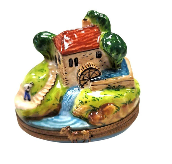 Millhouse Cottage on Hill w River Country House Home Porcelain Limoges Trinket Box