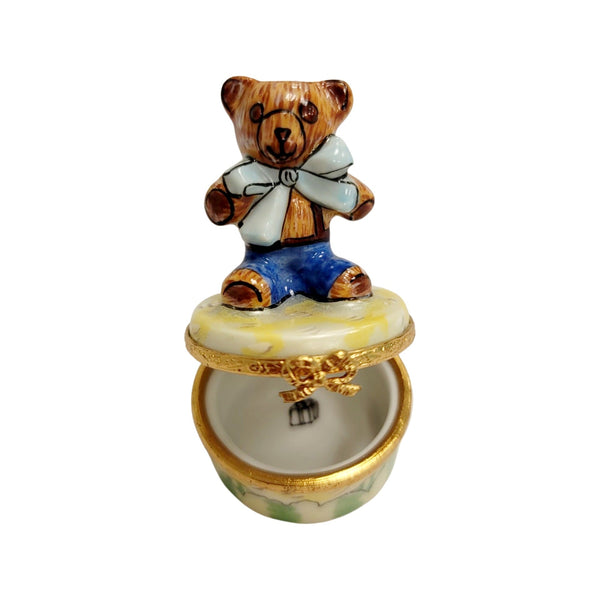 Mini Teddy Bear on Round Porcelain Limoges Trinket Box