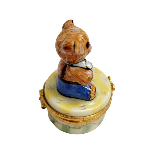 Mini Teddy Bear on Round Porcelain Limoges Trinket Box