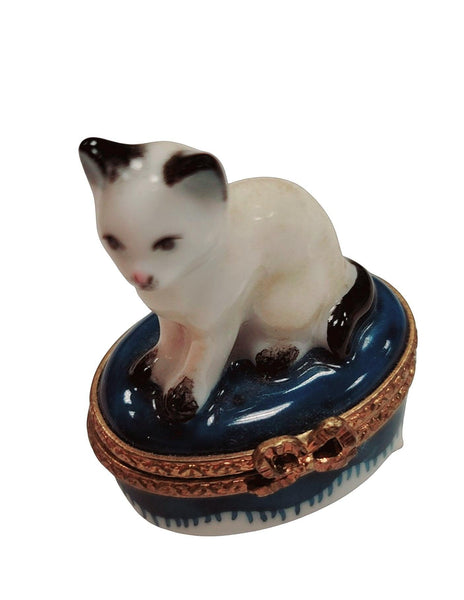 Mini White Siamese Cat Porcelain Limoges Trinket Box