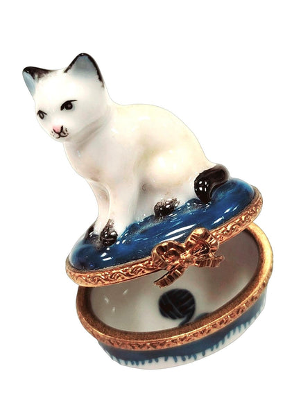 Mini White Siamese Cat Porcelain Limoges Trinket Box