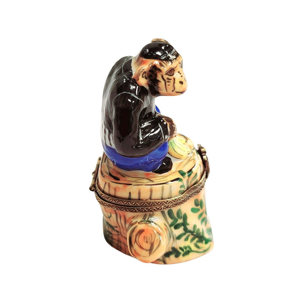 Monkey Blue Jeans on Stump Porcelain Limoges Trinket Box