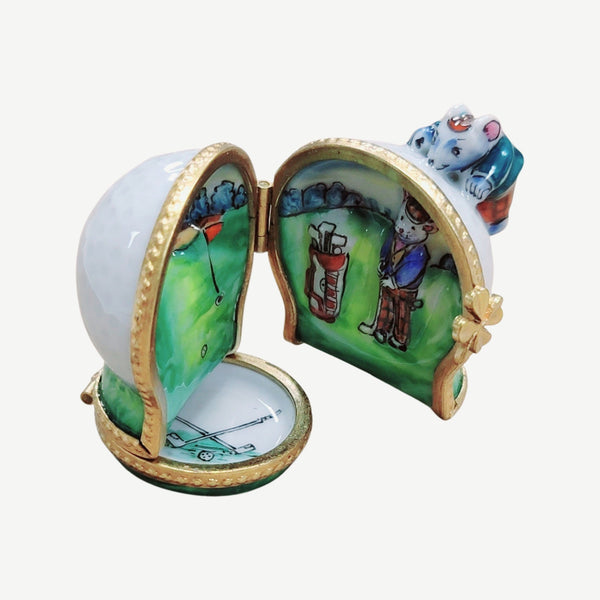 Mouse on Golf Ball 3 Hinged Sports Porcelain Limoges Trinket Box