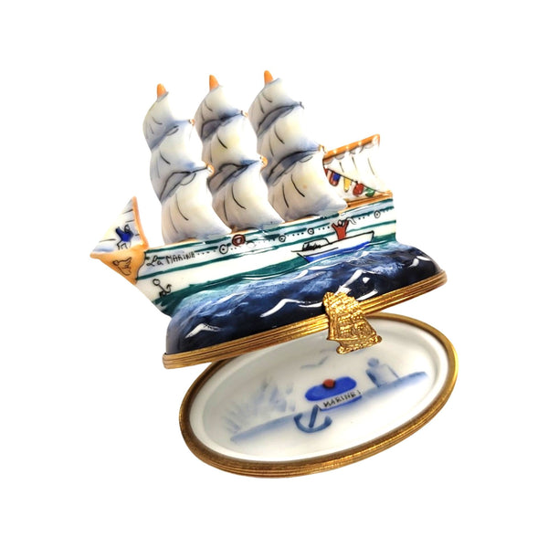 Old Sea Ship w Sails Porcelain Limoges Trinket Box