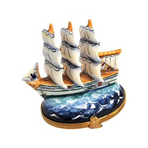 Old Sea Ship w Sails Porcelain Limoges Trinket Box