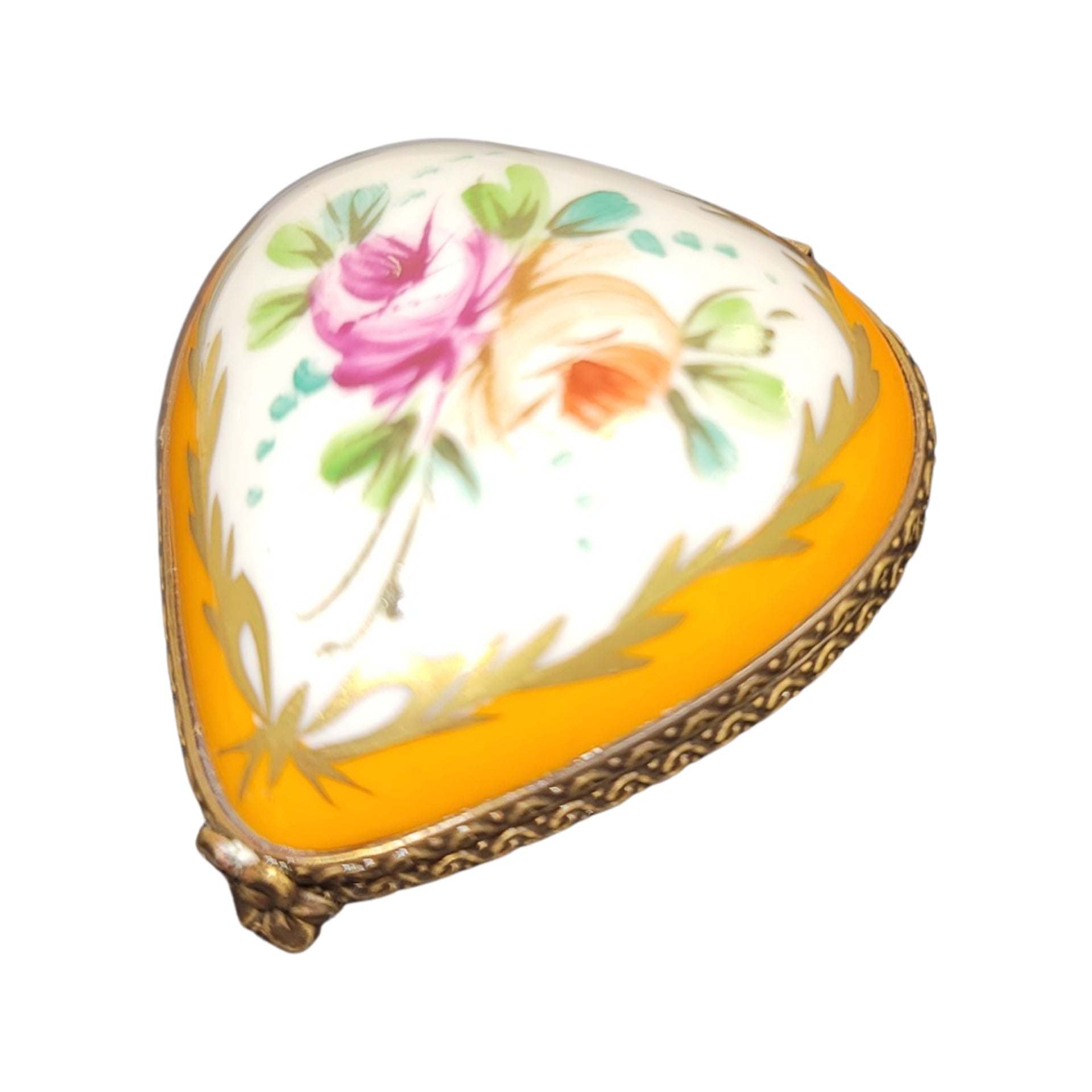 Orange Heart Flowers Porcelain Limoges Trinket Box