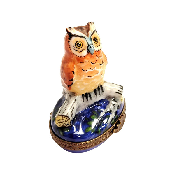Owl on Log Porcelain Limoges Trinket Box