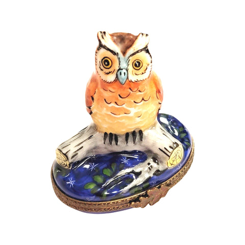 Owl on Log Porcelain Limoges Trinket Box