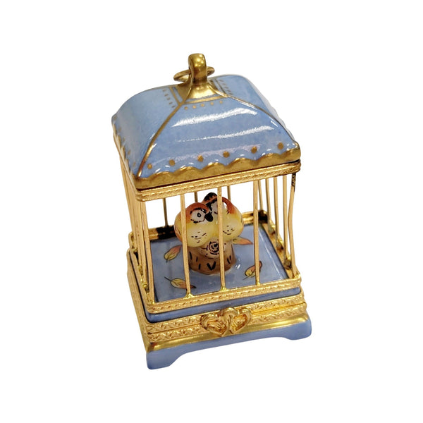 Pastel Blue Bird Cage Love Birds Porcelain Limoges Trinket Box