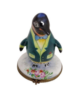 Penguin w Flowers & Tuxedo Porcelain Limoges Trinket Box