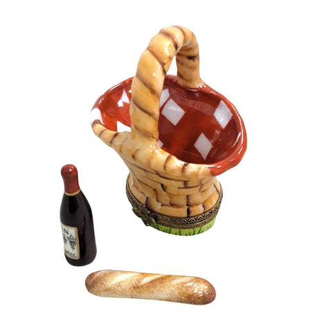 Picnic Basket w Wine and Bread Porcelain Limoges Trinket Box