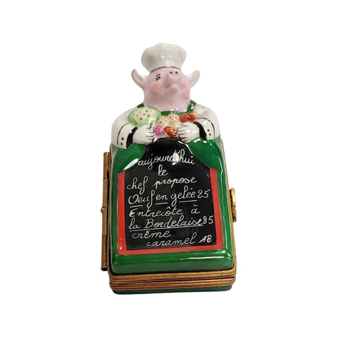 Pig Chef w Menu Porcelain Limoges Trinket Box