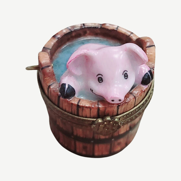 Pig in Wash Bucket Porcelain Limoges Trinket Box