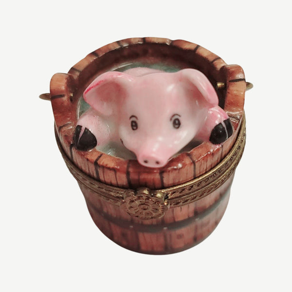 Pig in Wash Bucket Porcelain Limoges Trinket Box