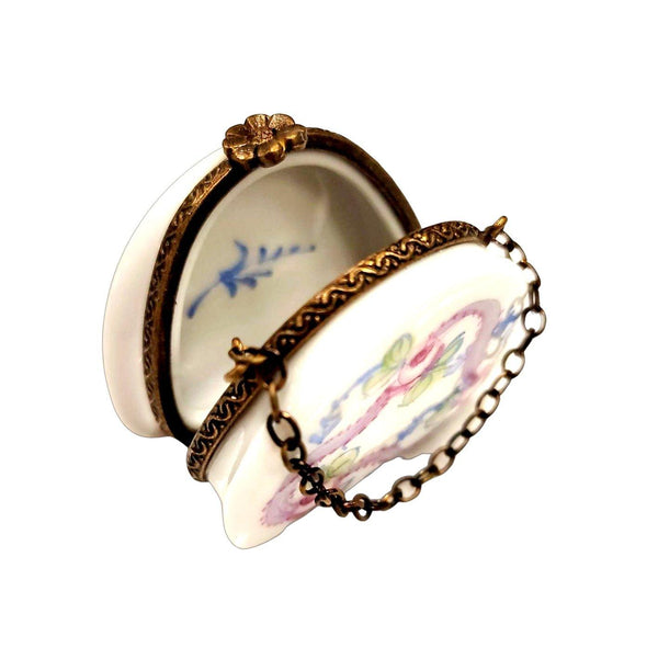 Pink Blue Purse w Roses w Special Antiqued Brass One of a Kind Hand Painted Porcelain Limoges Trinket Box