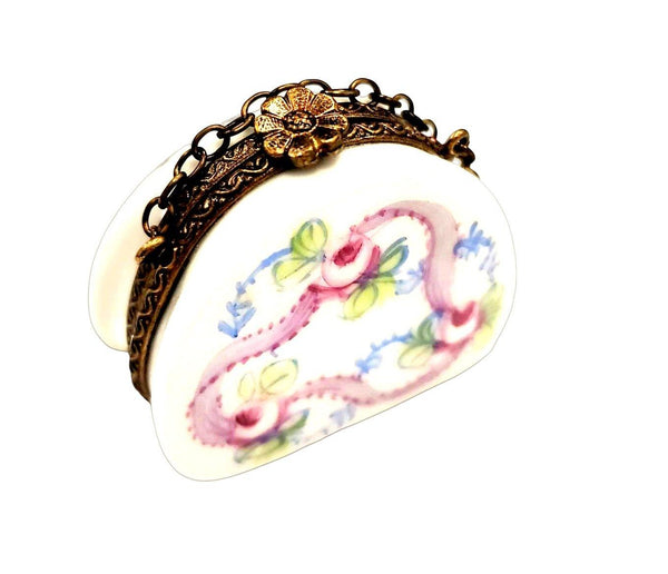 Pink Blue Purse w Roses w Special Antiqued Brass One of a Kind Hand Painted Porcelain Limoges Trinket Box