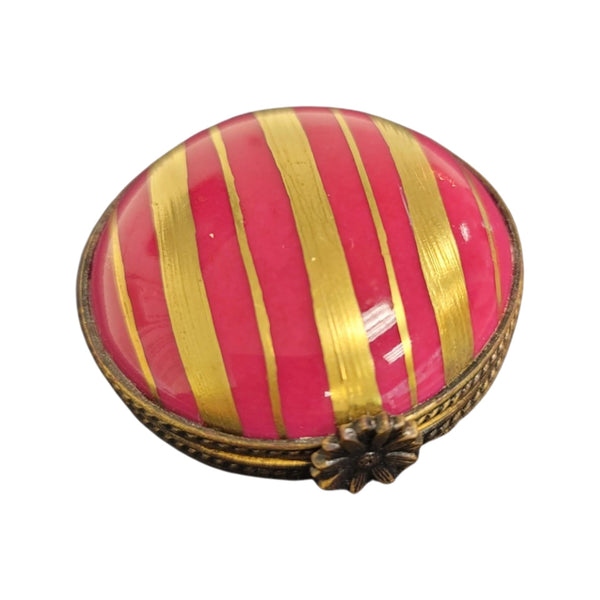 Pink Flat Round Gold Stripped Pill Porcelain Limoges Trinket Box